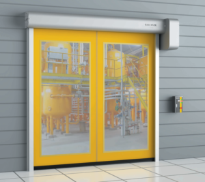 Cửa cuốn tốc độ cao Doorhan màu vàng trong suốt